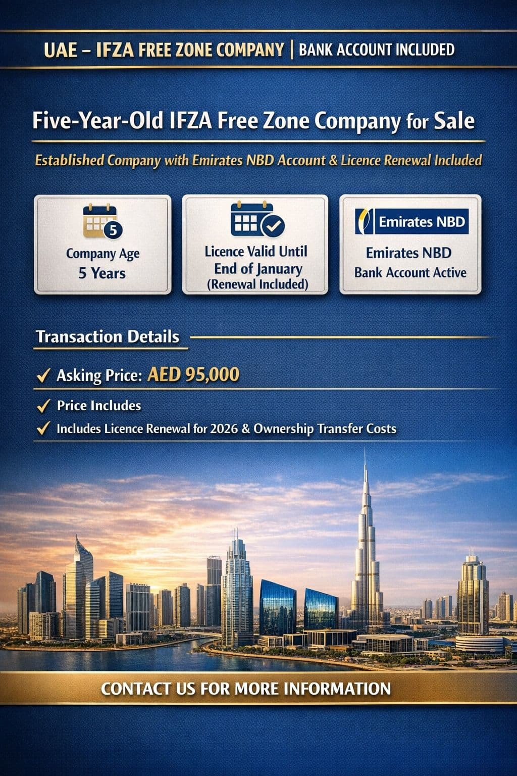UAE – IFZA FREE ZONE COMPANY | 5 YEARS OLD | BANK ACCOUNT IN PLACE